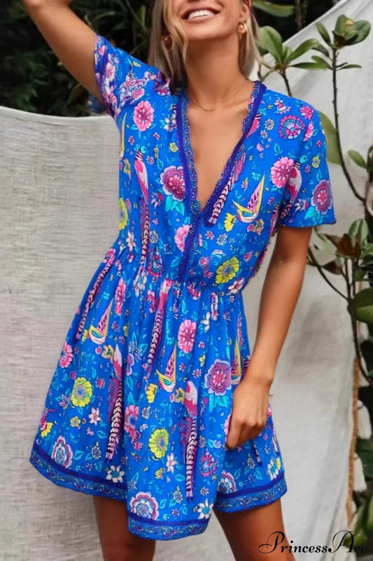 Peacock Floral Deep V-neck Boho Dress