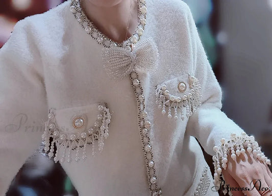 Pearls Tassels Fringed Bow Cardigan
