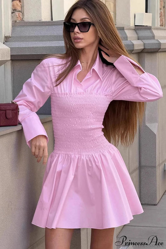 Pink Collared Shirt High Waist Mini Dress