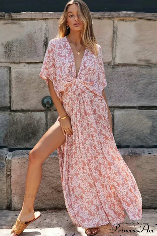 Pink Floral Maxi Dress Sexy Deep V-neck Side Split Boho Dress