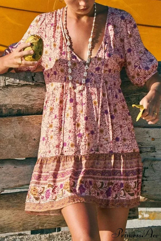 Pink Floral Print Robe A-line Mini Dress Women Beach Boho Summer Dress