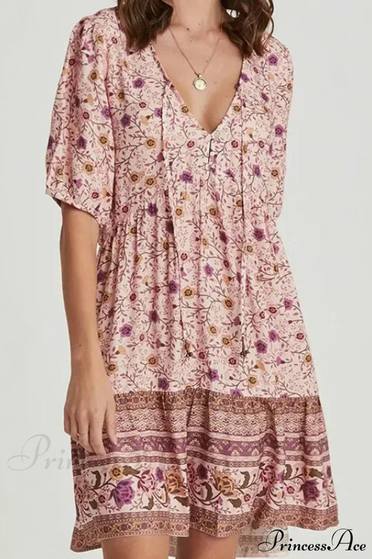 Pink Floral Print Robe A-line Mini Dress Women Beach Boho Summer Dress