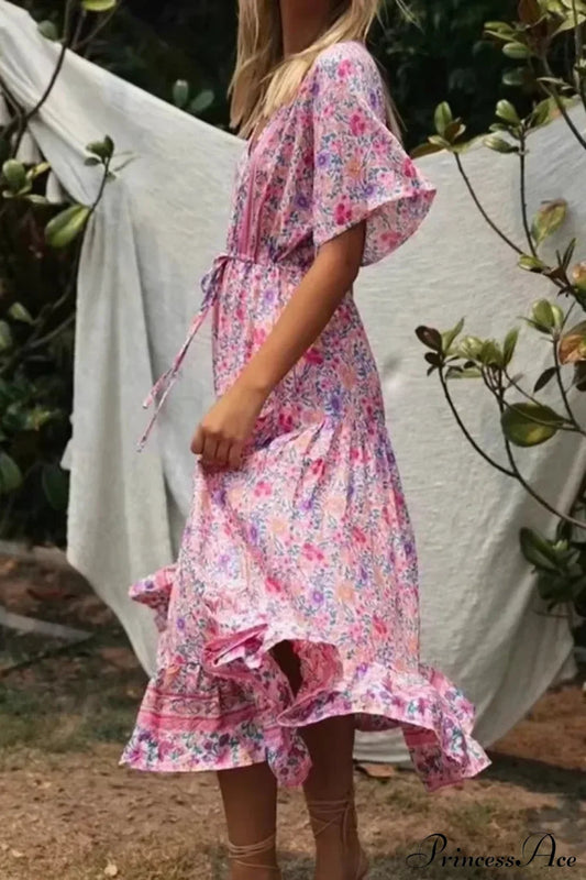 Pink Floral Print V-neck Tassel Rayon Vacation Maxi Boho Dress