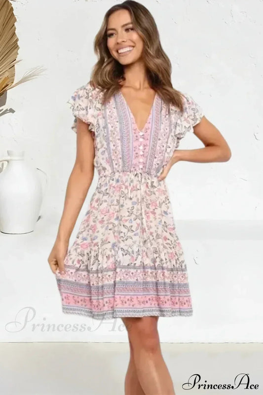 Pink Floral Short Sleeve Loose V-neck Mini Boho Dress