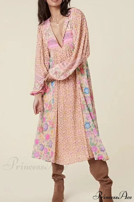 Pink Floral Square Collar Short Sleeve Boho Dress