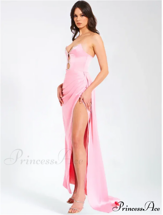 Pink Satin Strapless Party Dress