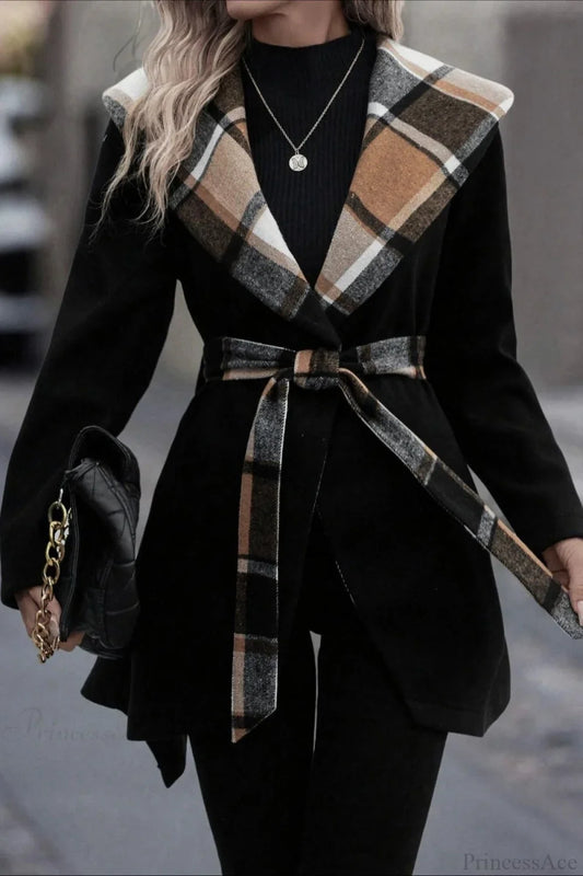Plaid Color Block Tie Waist Wool Blend Coat