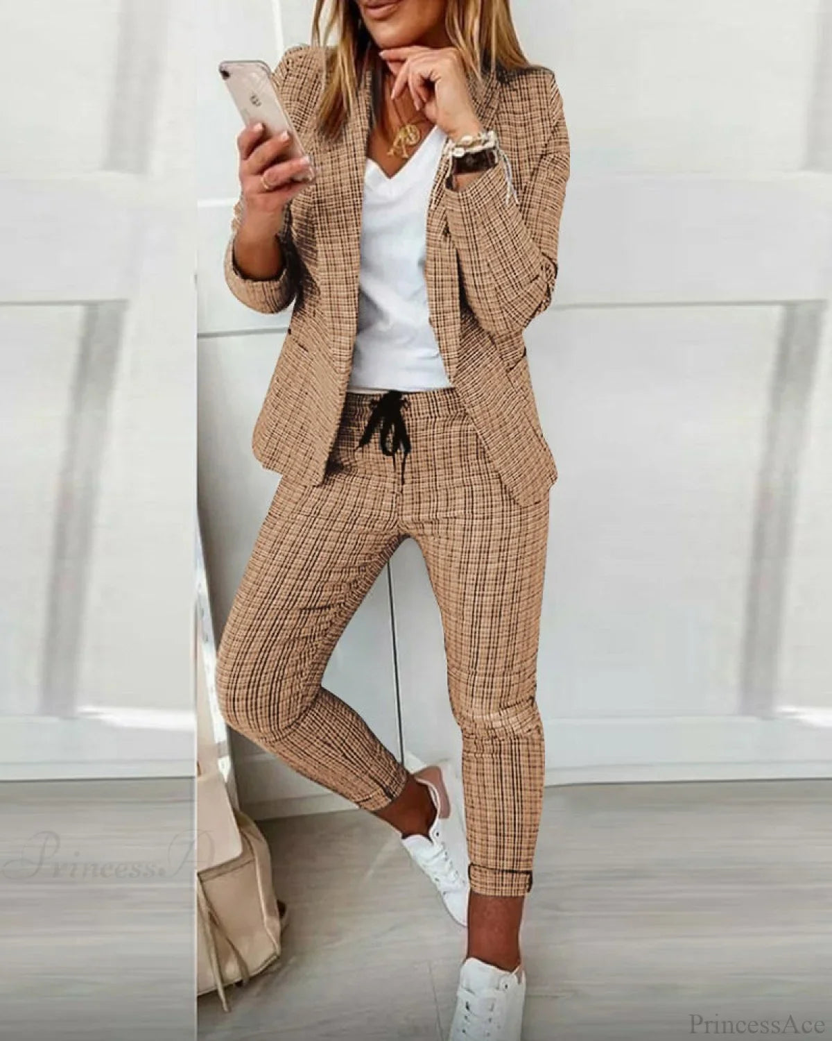 Plaid Comfortable Casual Women's Suit khaki 23BF clothes Fall Jackets & Coats Pants Spring Tops/Blouses Winter