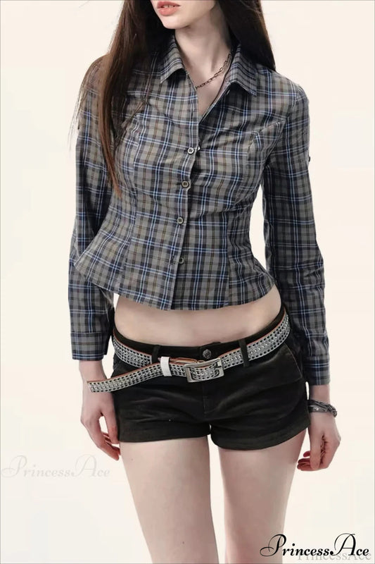 Plaid Long-Sleeve Back Bow-Tie Waist-Slim Bloshope