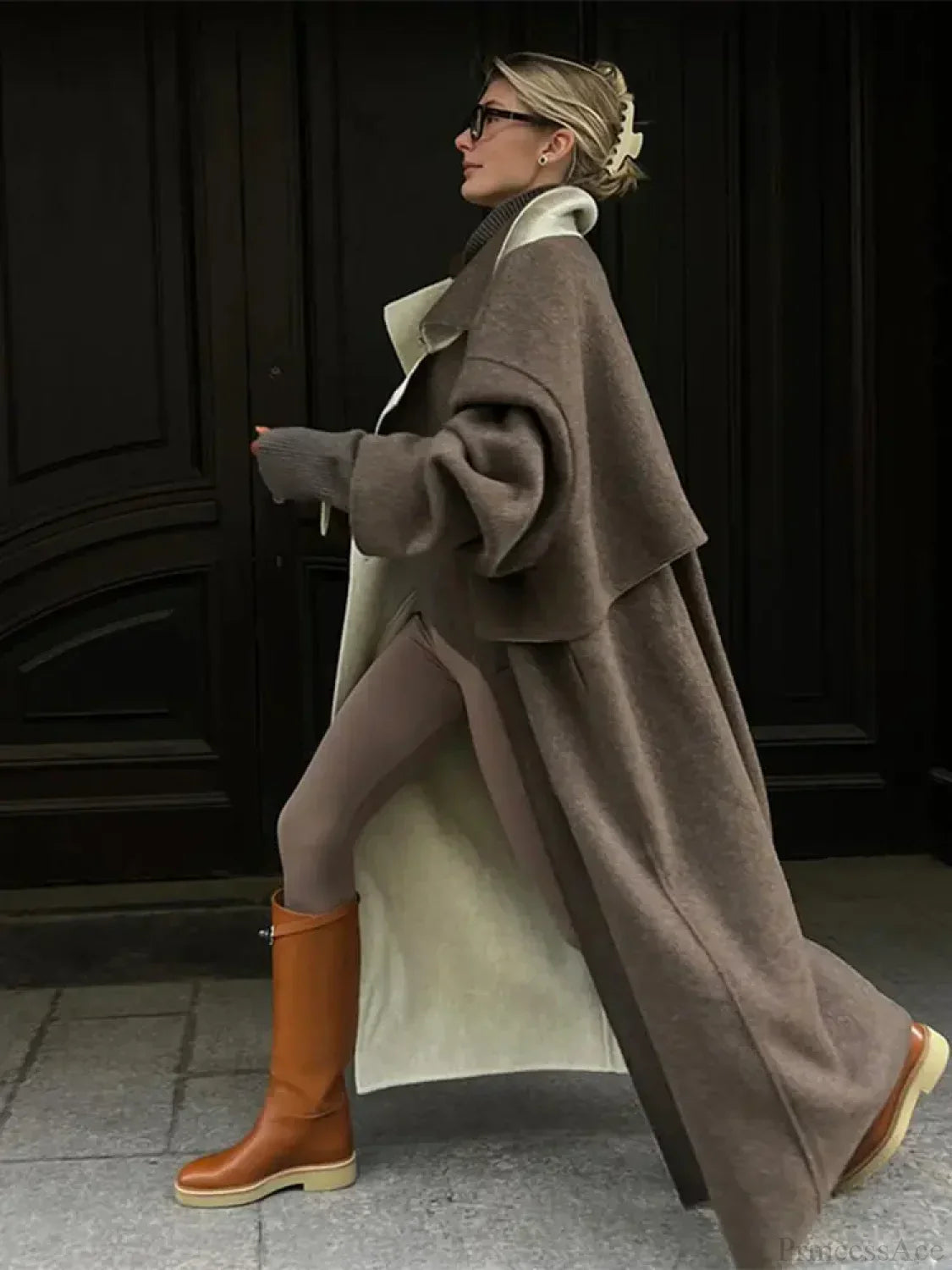 Plaid Pattern Casual Turn-Down Overcoat Brown / S