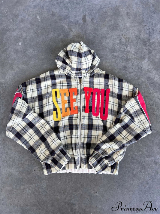 Plaid Rainbow Letter Print Loose Zipper Hoodie