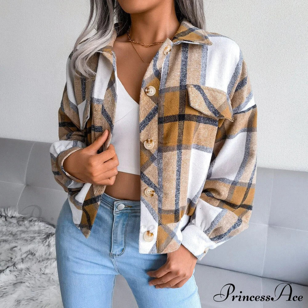 Plaid Vintage Pockets Oversized Jacket Khaki / S