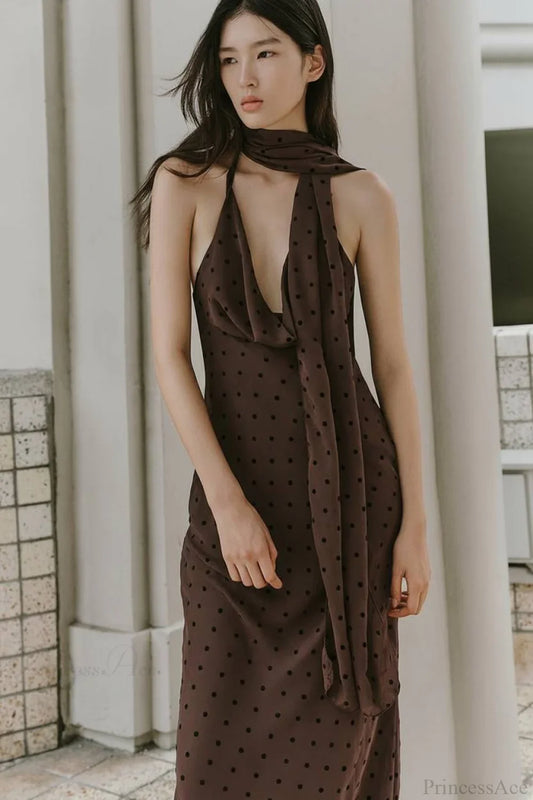 Polka Dot Scarf Neck Halter Maxi Dress Brown / S