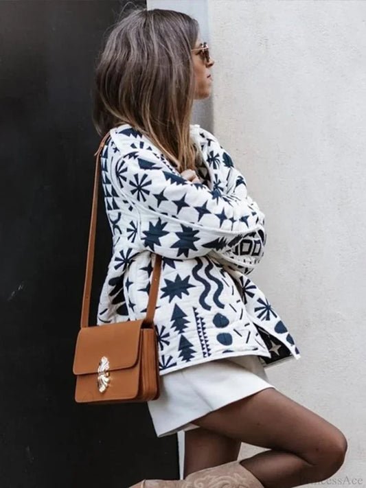 Print Cotton Single-Breasted O-neck Overcoat