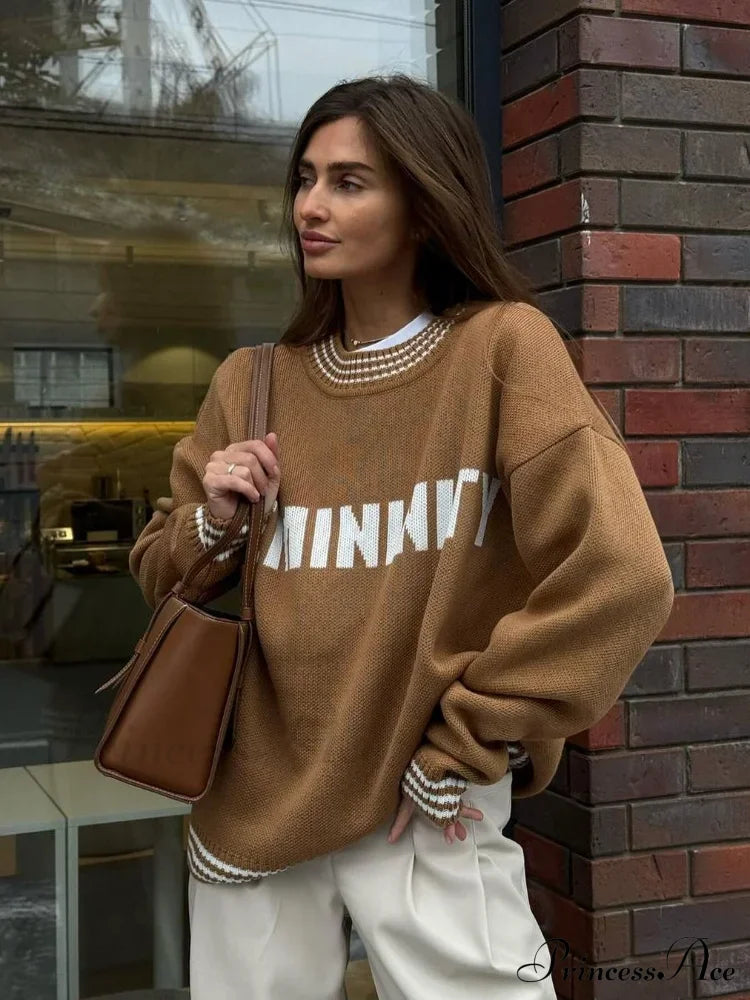 Printed Striped Cozy Stylish Loose Round Neck Comfortable Trendy Autumn Sweater Sweaters-L