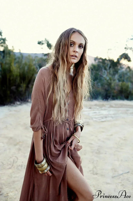 Printing Maxi Deep V Neck Stretch Boho Dress