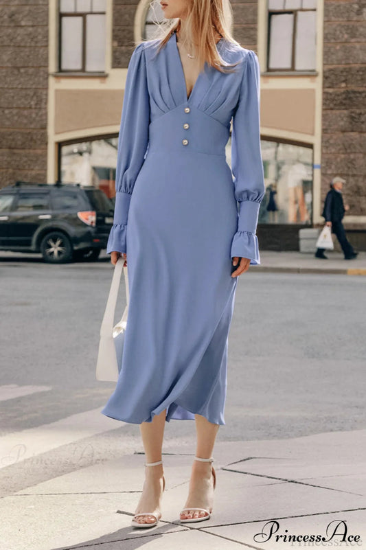 Puff Sleeve V Neck Vintage Slim Maxi Dress