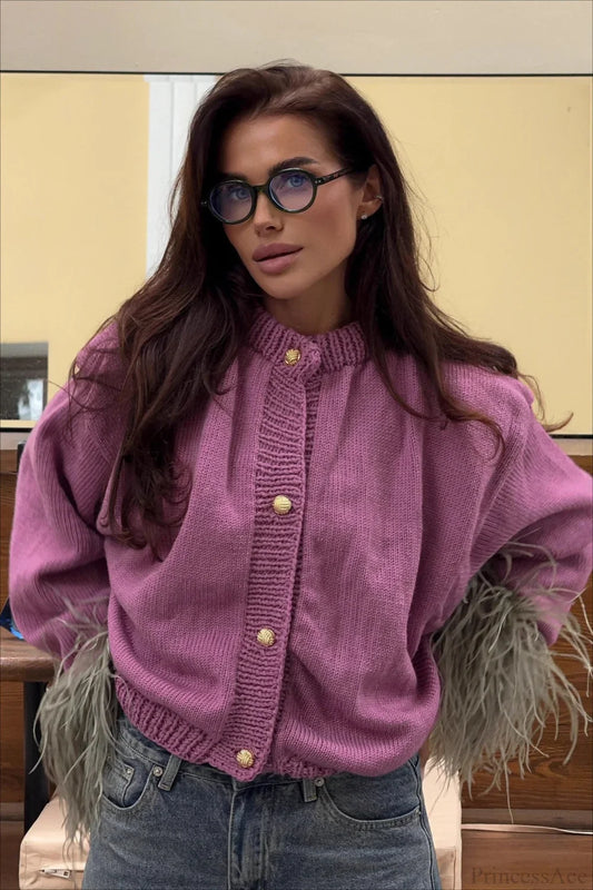 Purple Cropped Fuzzy Cuff Paneled Sweater