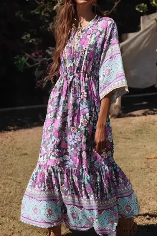 Purple Floral Print Batwing Sleeve Maxi Boho Dress