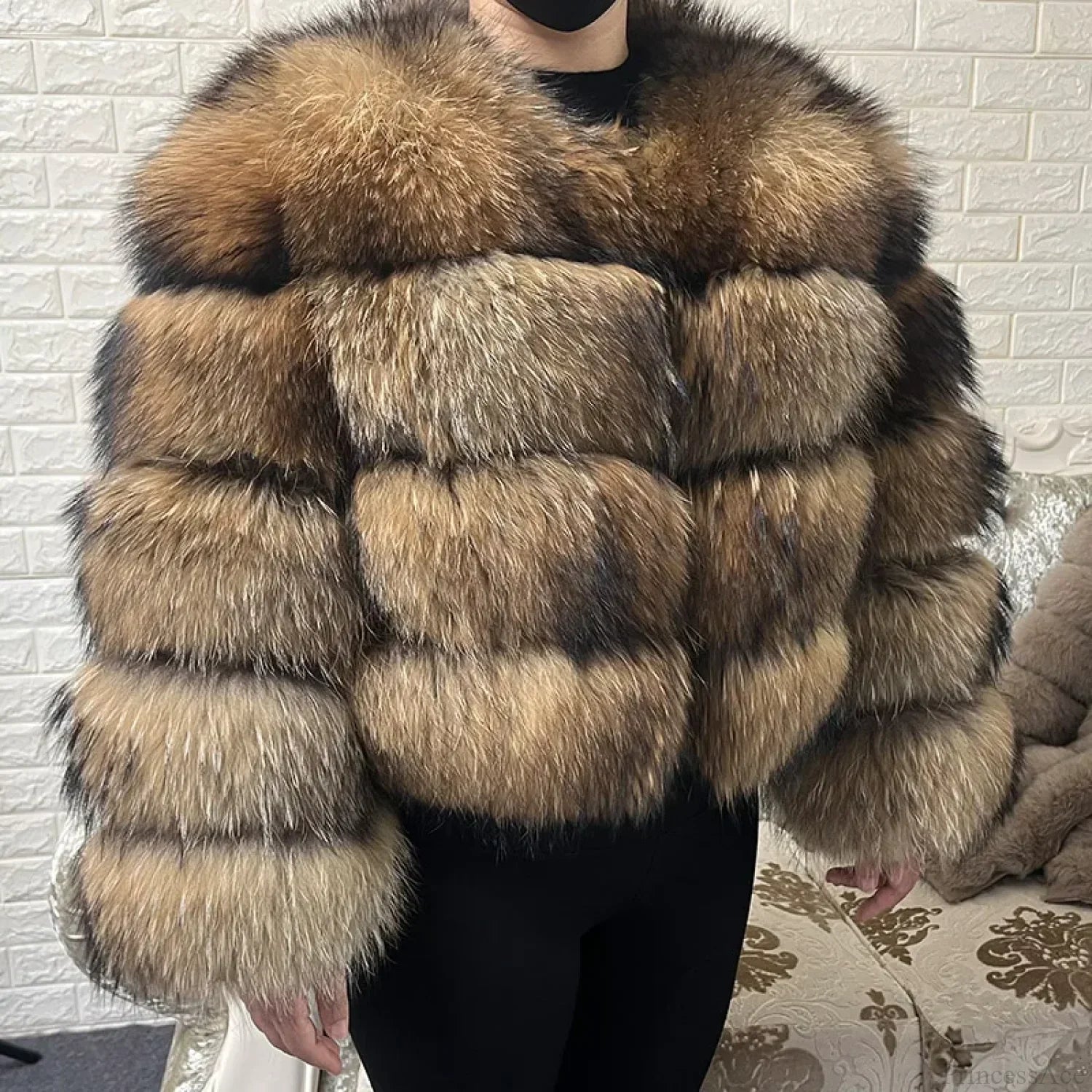 Raccoon Fur Thick Luxury Winter Coat Brown / S