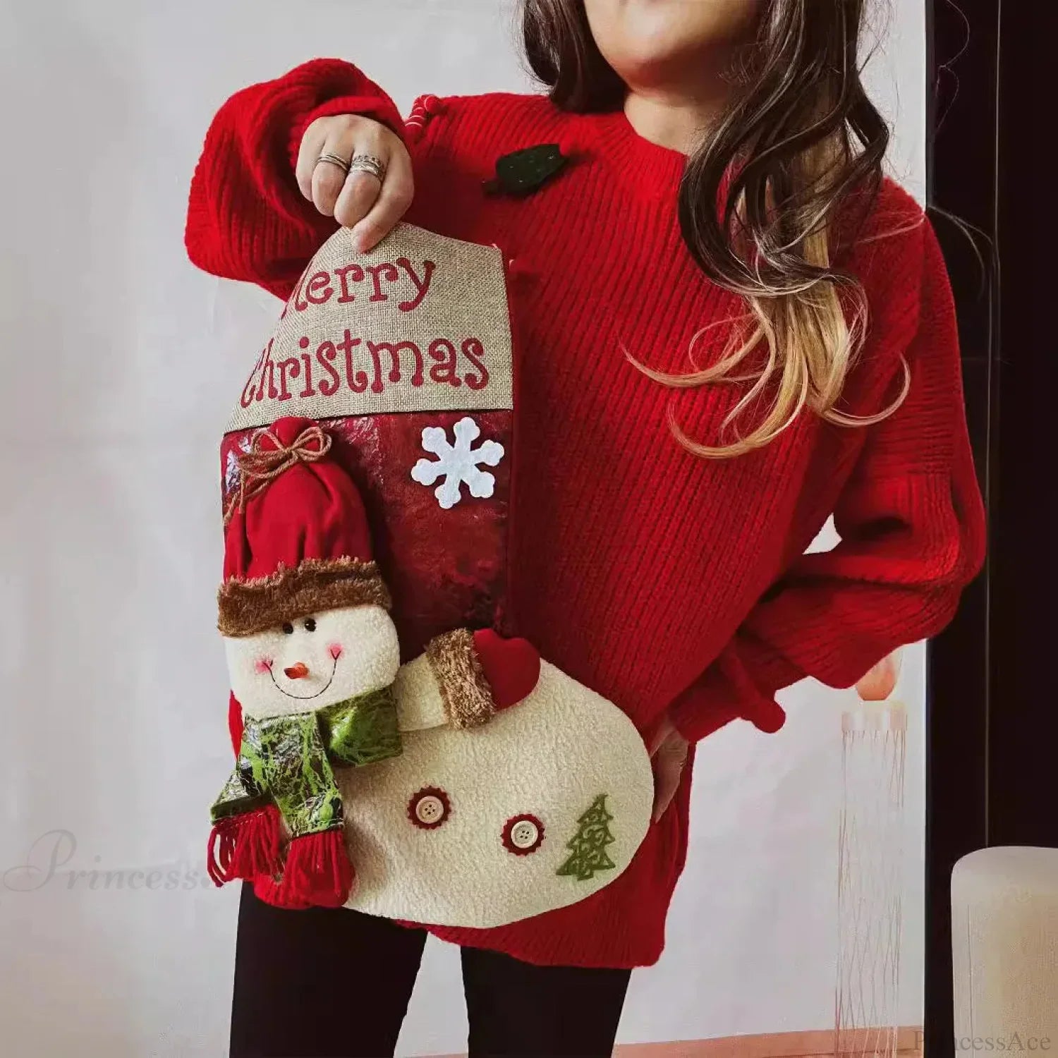 Red Christmas Snowman Doll Pocket Sweater Sweaters-L