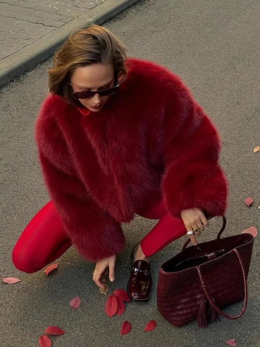 Red Faux Fur O-Neck Short Coat Coats-241208