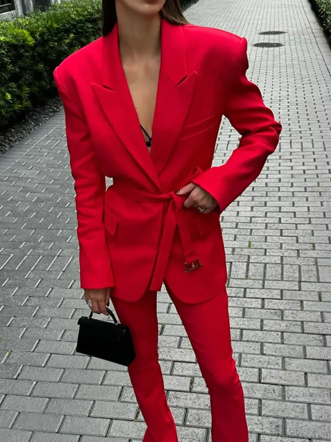 Red Flip Collar Lace-Up Coat Coats-241208