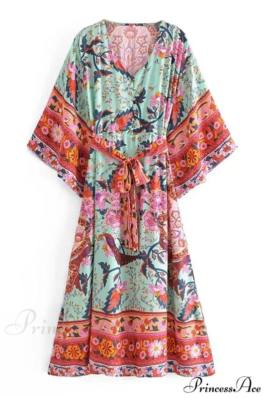 Red Floral Bat Sleeve V-neck Kimono Cover-up Boho Dress