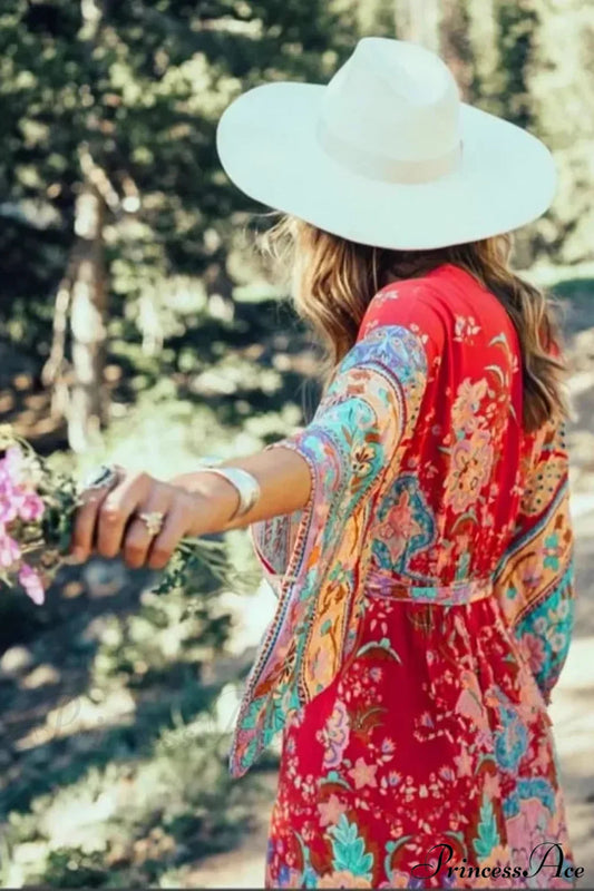 Red Floral Bat Sleeve V-neck Kimono Cover-up Boho Dress