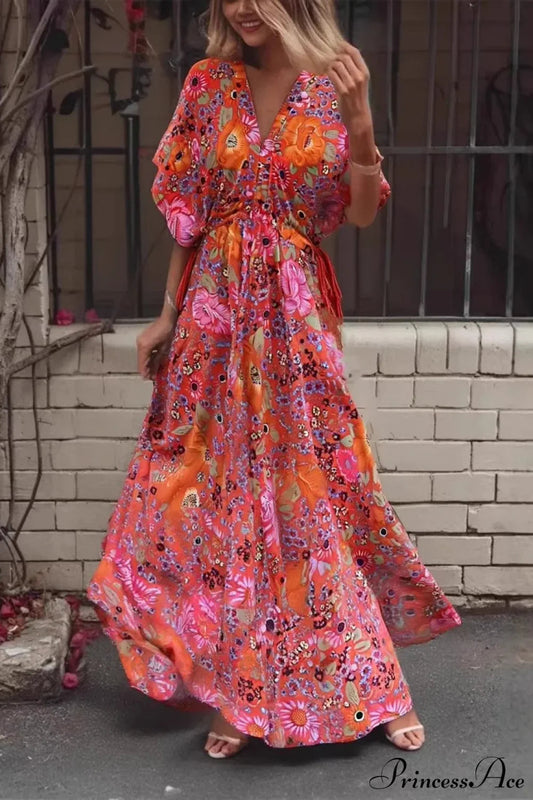 Red Floral Batwing Sleeve Rayon Cotton Maxi Boho Dress