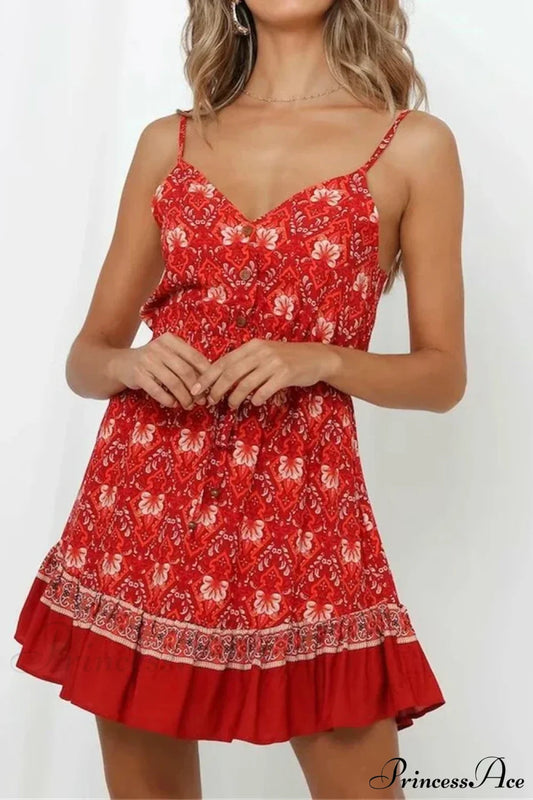 Red Floral Print Strapless Sleeveless Rayon Mini Beach Boho Dress