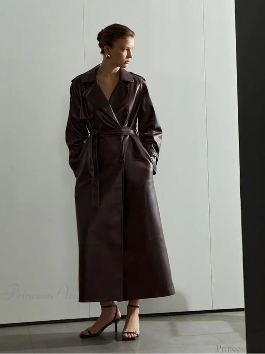 Red Lapel Leather Belted Coat Coats-241208