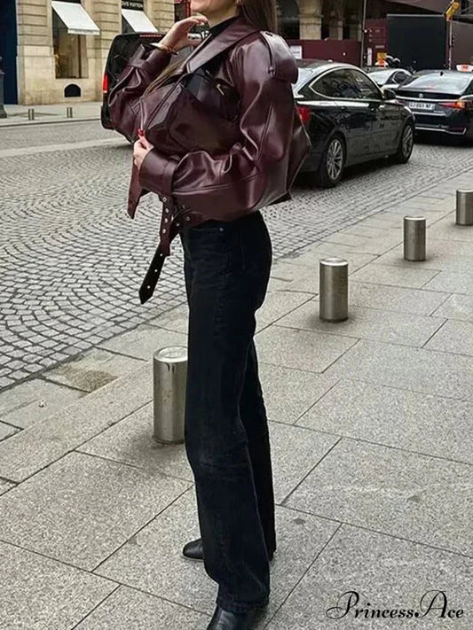 Red Leather Retro Moto Coat