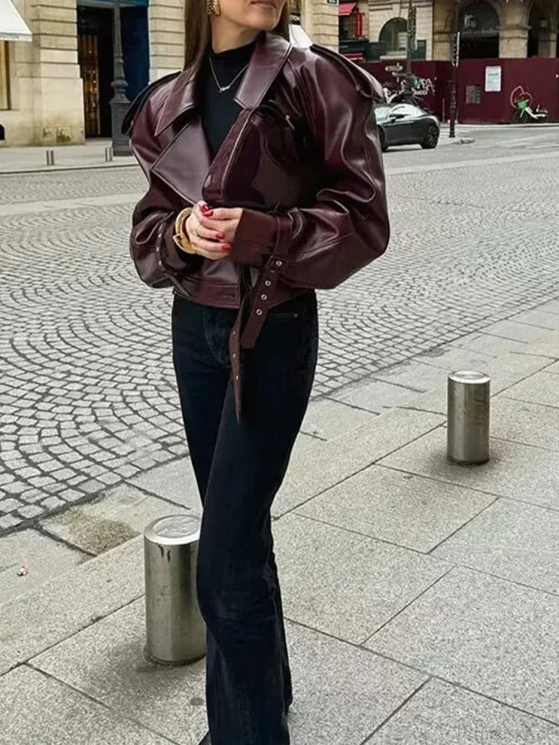 Red Leather Retro Moto Coat Coats-241208