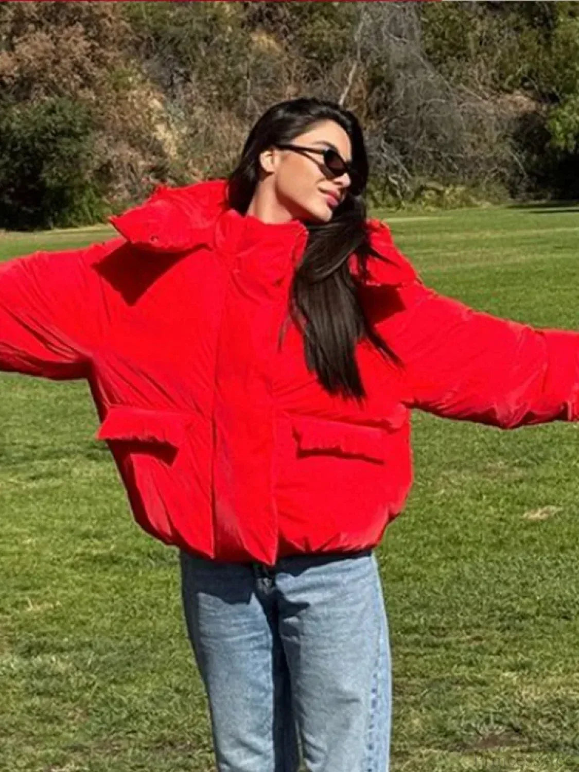 Red Stand Collar Zipper Cotton Coat Coats-241208