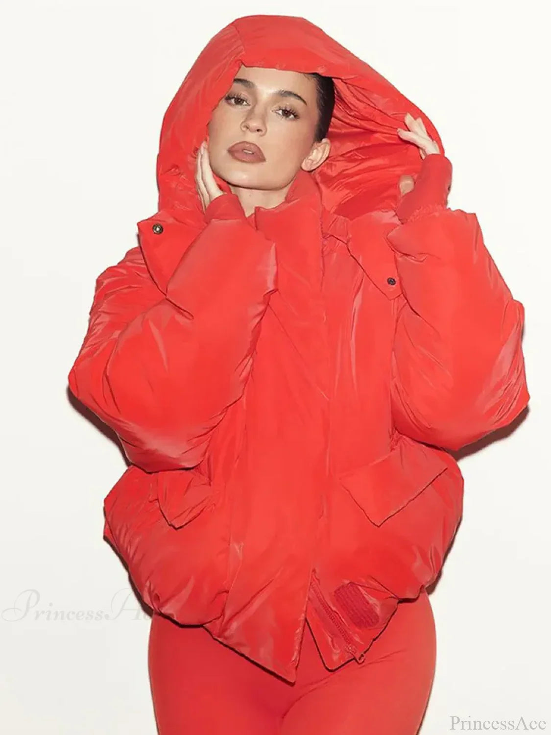 Red Stand Collar Zipper Cotton Coat / S Coats-241208