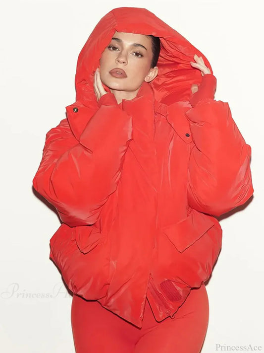 Red Stand Collar Zipper Cotton Coat / S Coats-241208