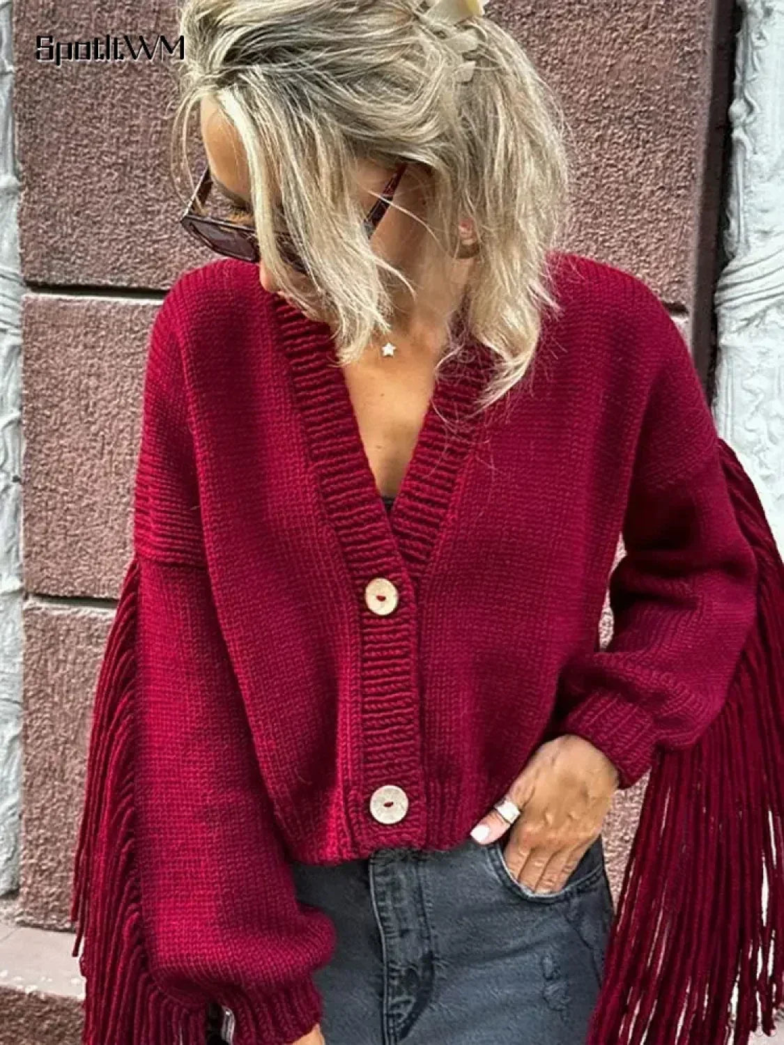 Red Tassels Patchwork V Neck Single-Breasted Loose Christmas Sweater Sweaters-L