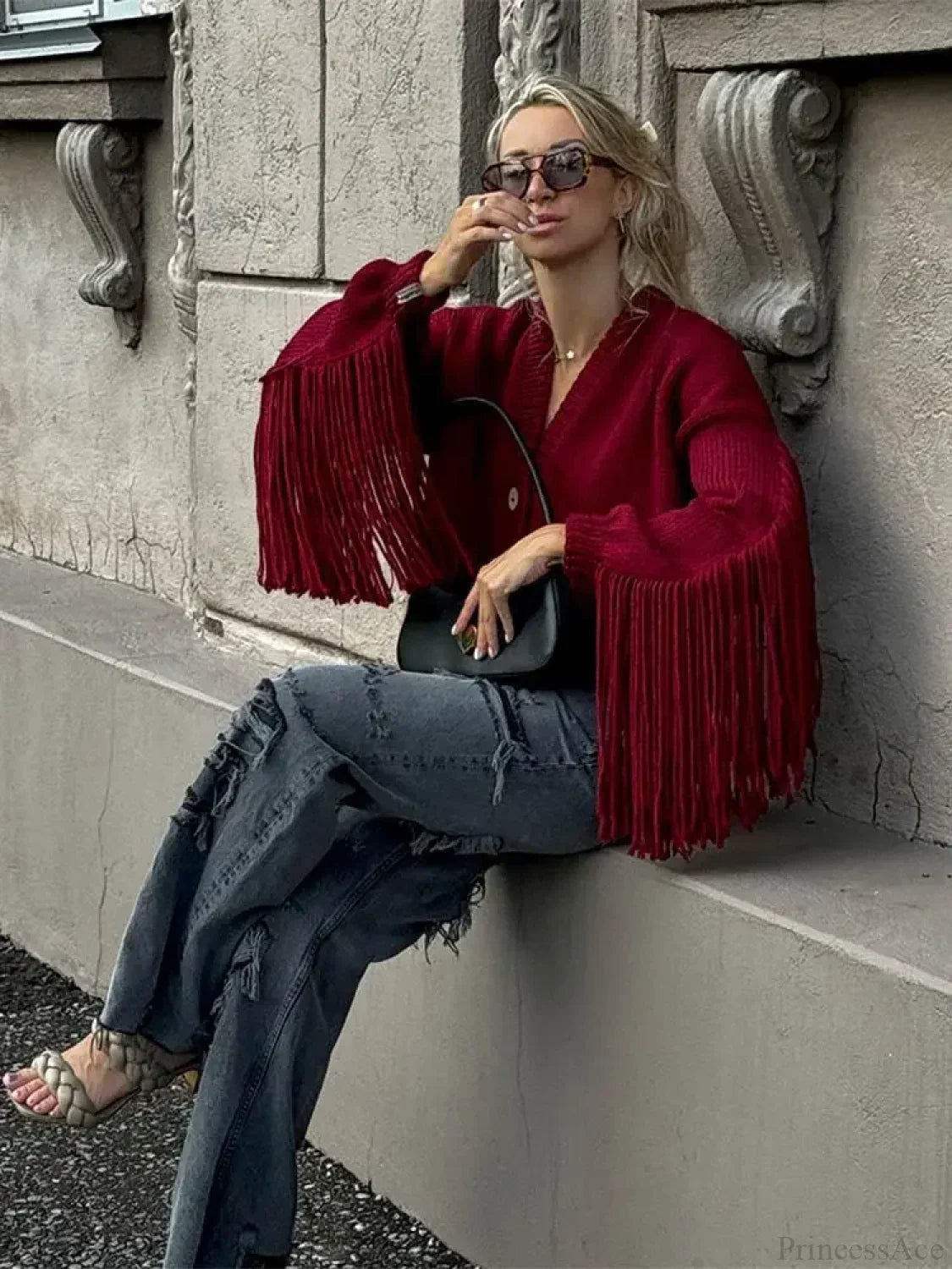 Red Tassels Patchwork V Neck Single-Breasted Loose Christmas Sweater Sweaters-L