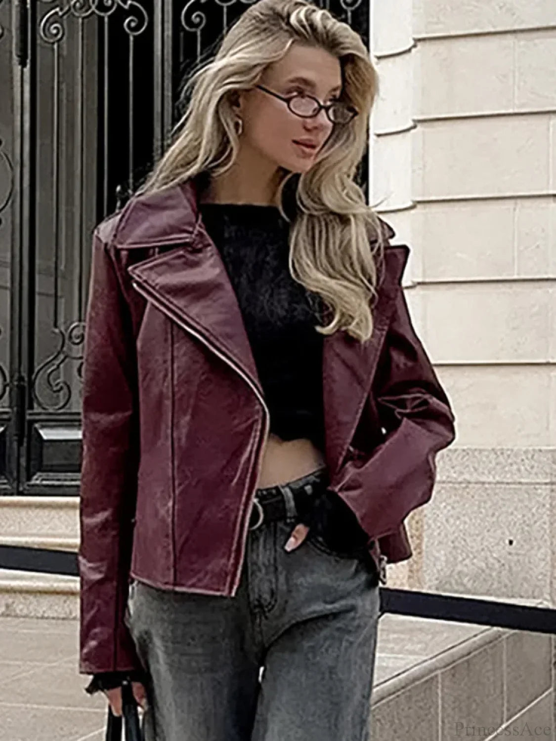 Red Turn-Down Collar Pu Leather Coat Coats-241208