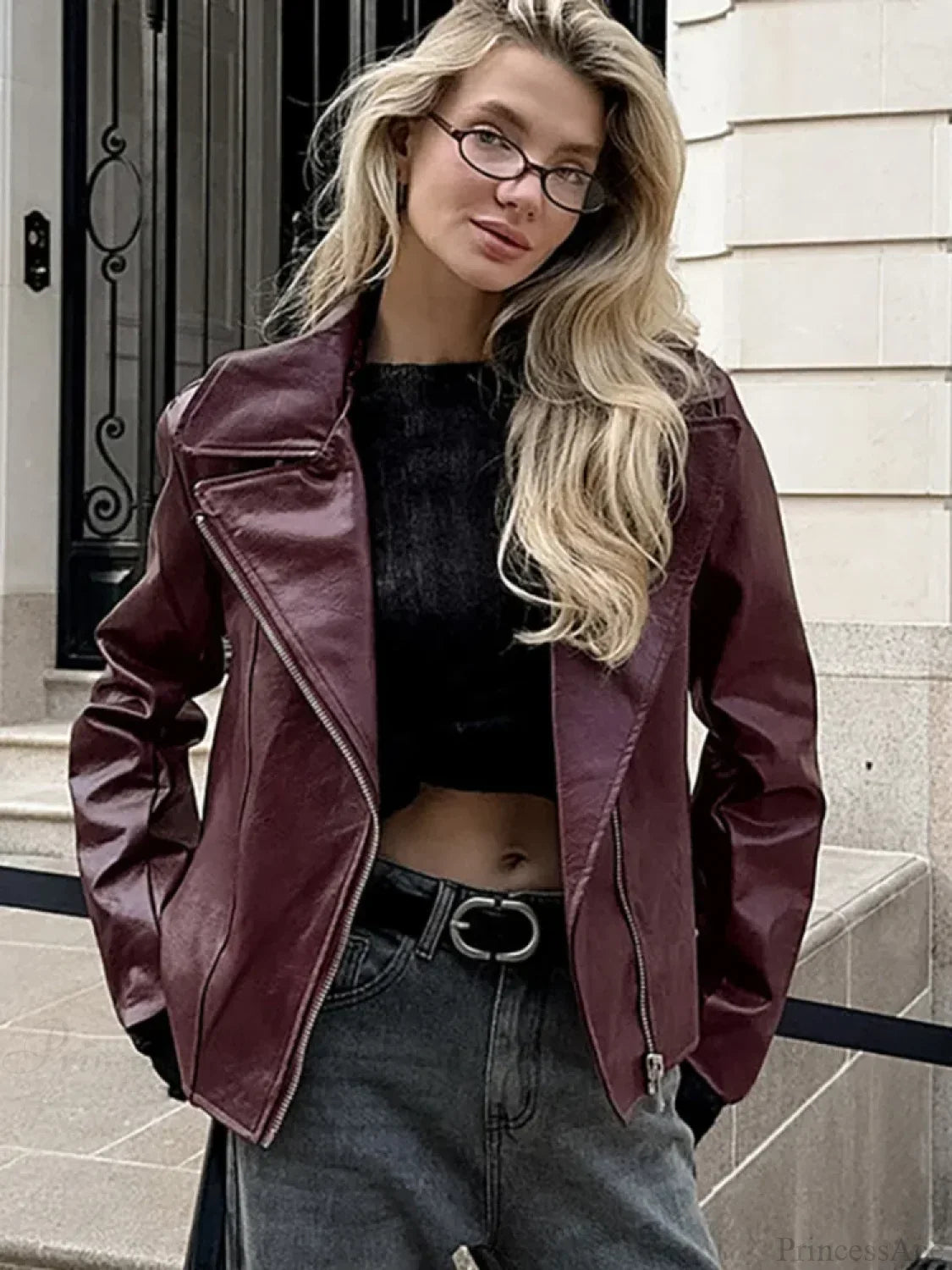 Red Turn-Down Collar Pu Leather Coat Wine / S Coats-241208