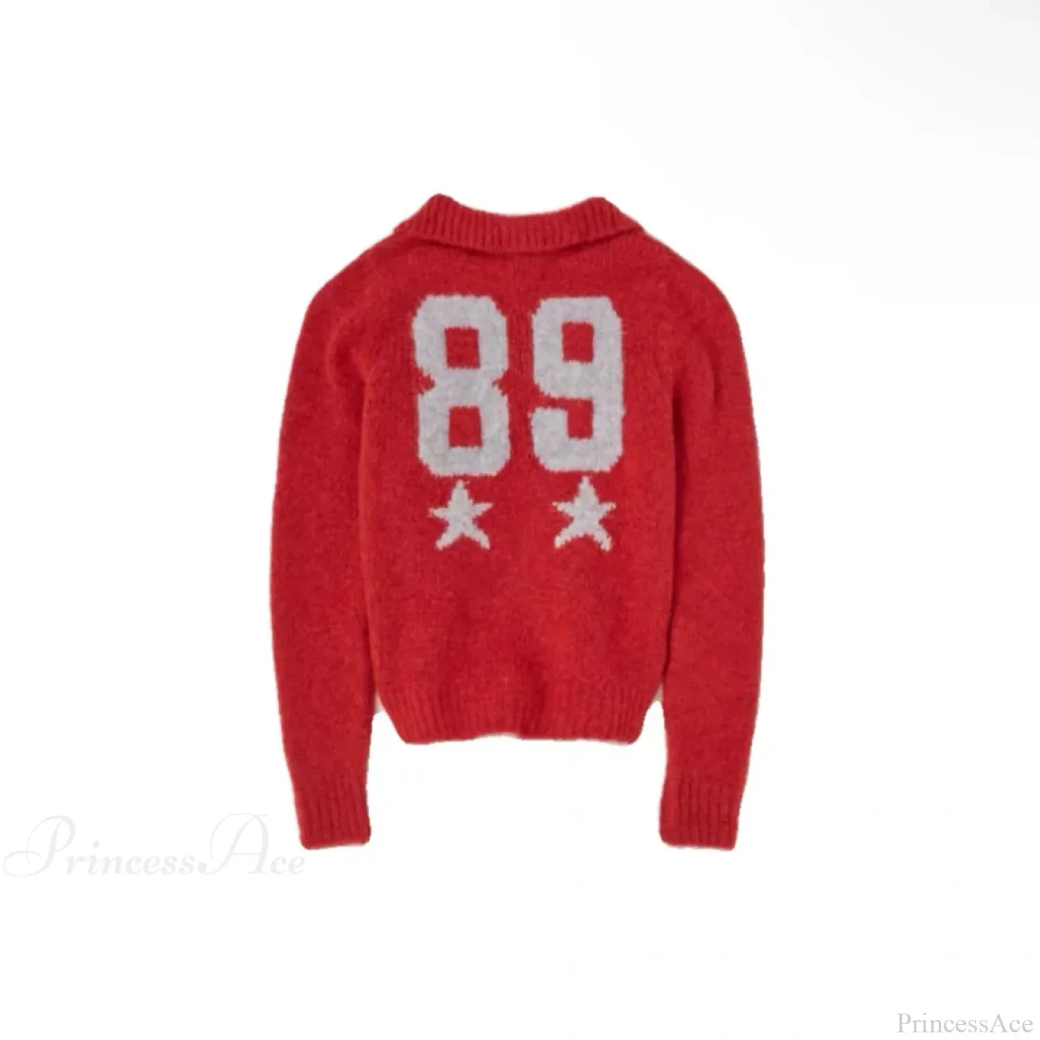 Red Wool Blend Knitted Crochet Letter Lapel Casual Christmas Sweater / S Sweaters-L