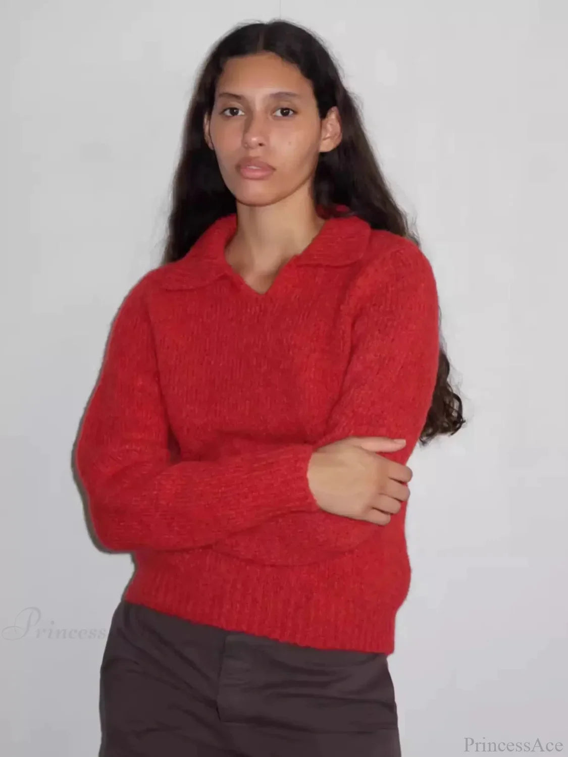 Red Wool Blend Knitted Crochet Letter Lapel Casual Christmas Sweater Sweaters-L