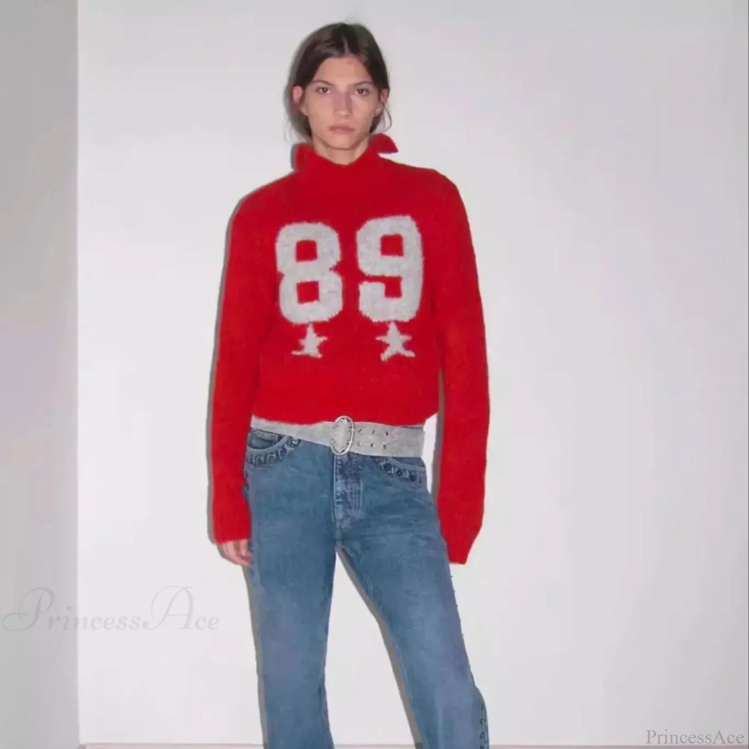 Red Wool Blend Knitted Crochet Letter Lapel Casual Christmas Sweater Sweaters-L