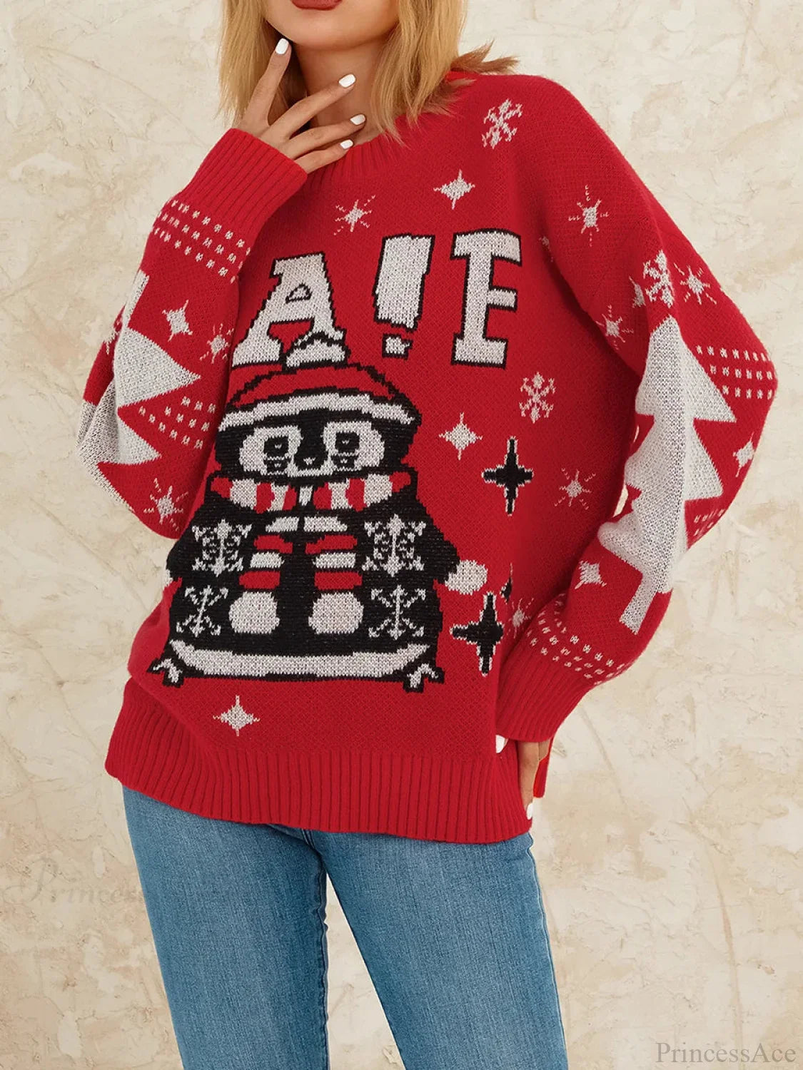 Reindeer Patterned Crew Neck Long Sleeve Knitwear Rib-Knit Hem Christmas Sweater Red / S Sweaters-L