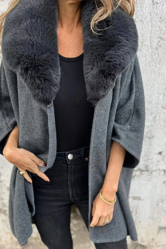Relaxed Long Sleeve Wide Lapel Fur Collar Cape Overcoat