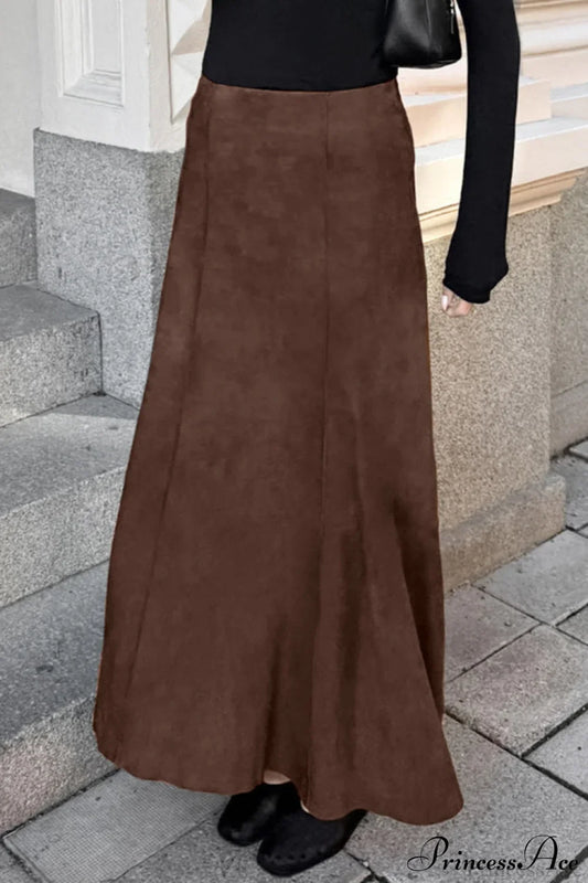 Retro Brown Suede High Waist Maxi Skirt
