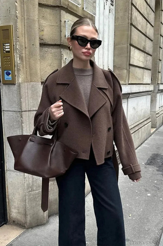 Retro Lapel Woolen Coat Brown / S