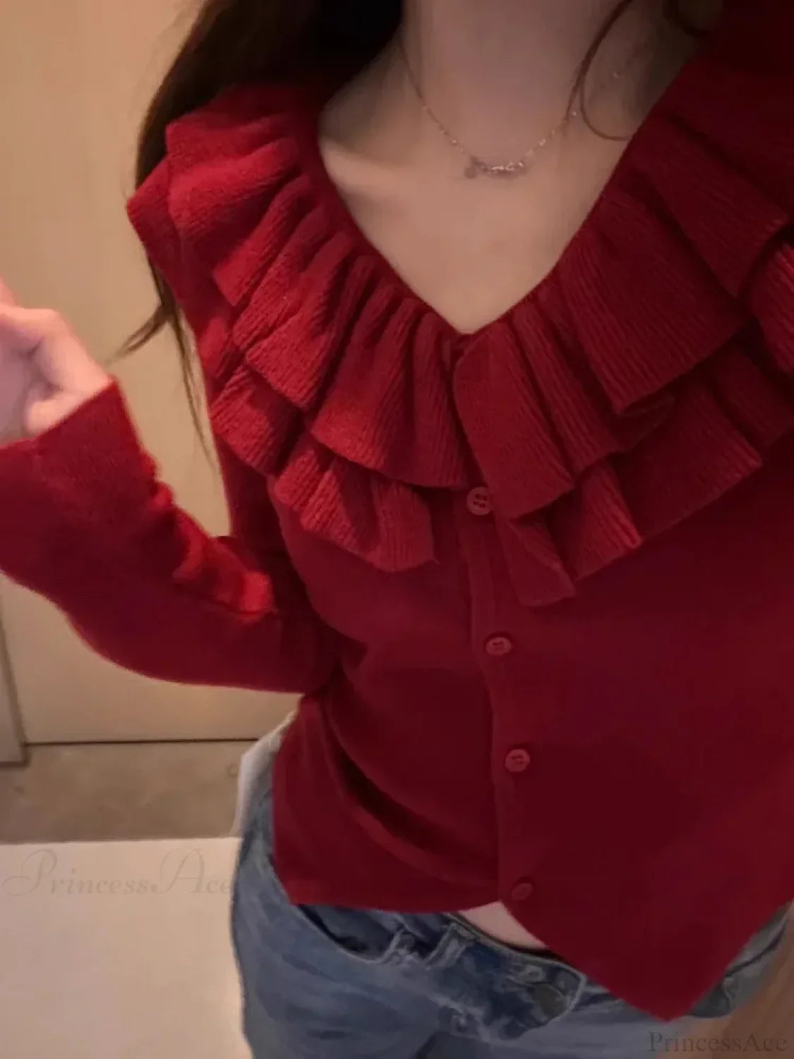 Retro U-Neck Ruffles Knitted Slim Fit Long Sleeve Cardigan Christmas Sweater Sweaters-L