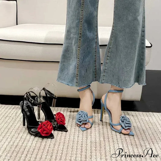 Rhinestone Butterfly-knot Square Head Stiletto Sandals Peep Toe Crystal Narrow Band Ankle Strap High Heel